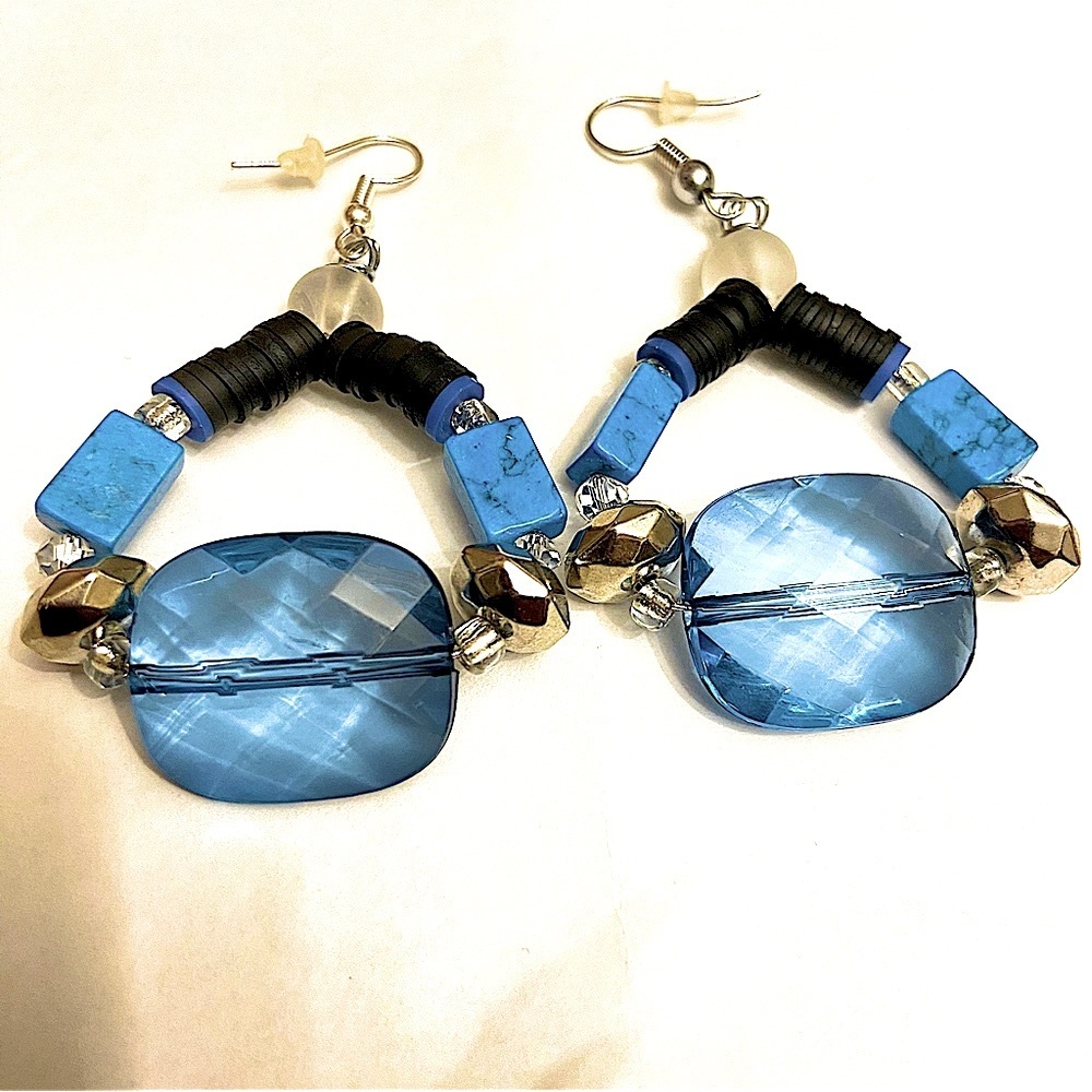 Women’s Artisan Blue and Turquoise Design Hoop Earrings.